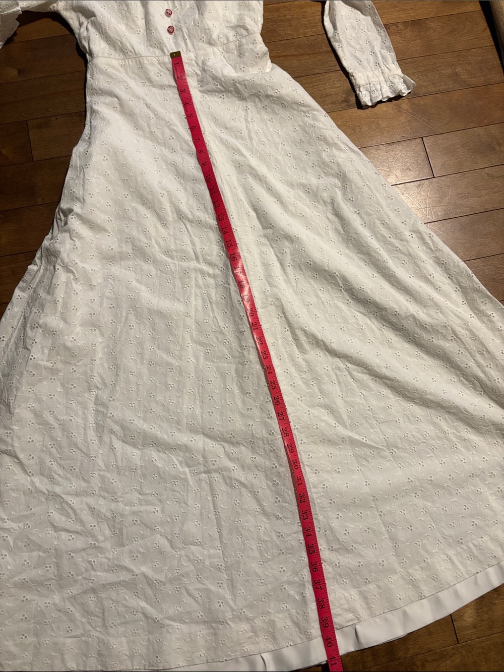 Vintage White Eyelet Maxi Dress with Red Floral Buttons and Ruffle Collar - Picture 8 of 13